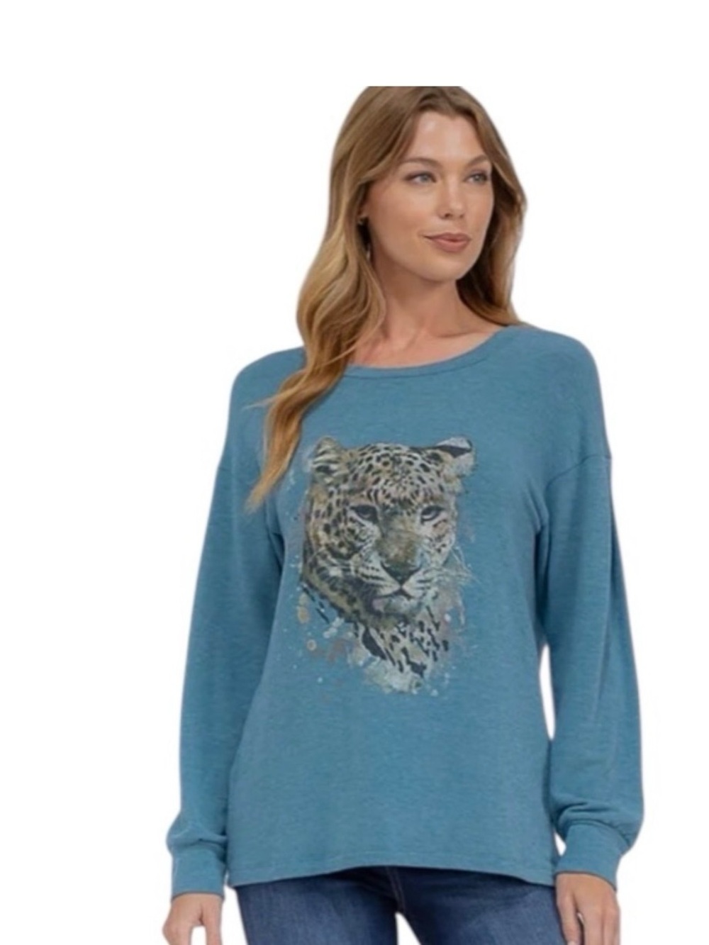 Mystree Teal Blue Leopard Print Long-Sleeve Top